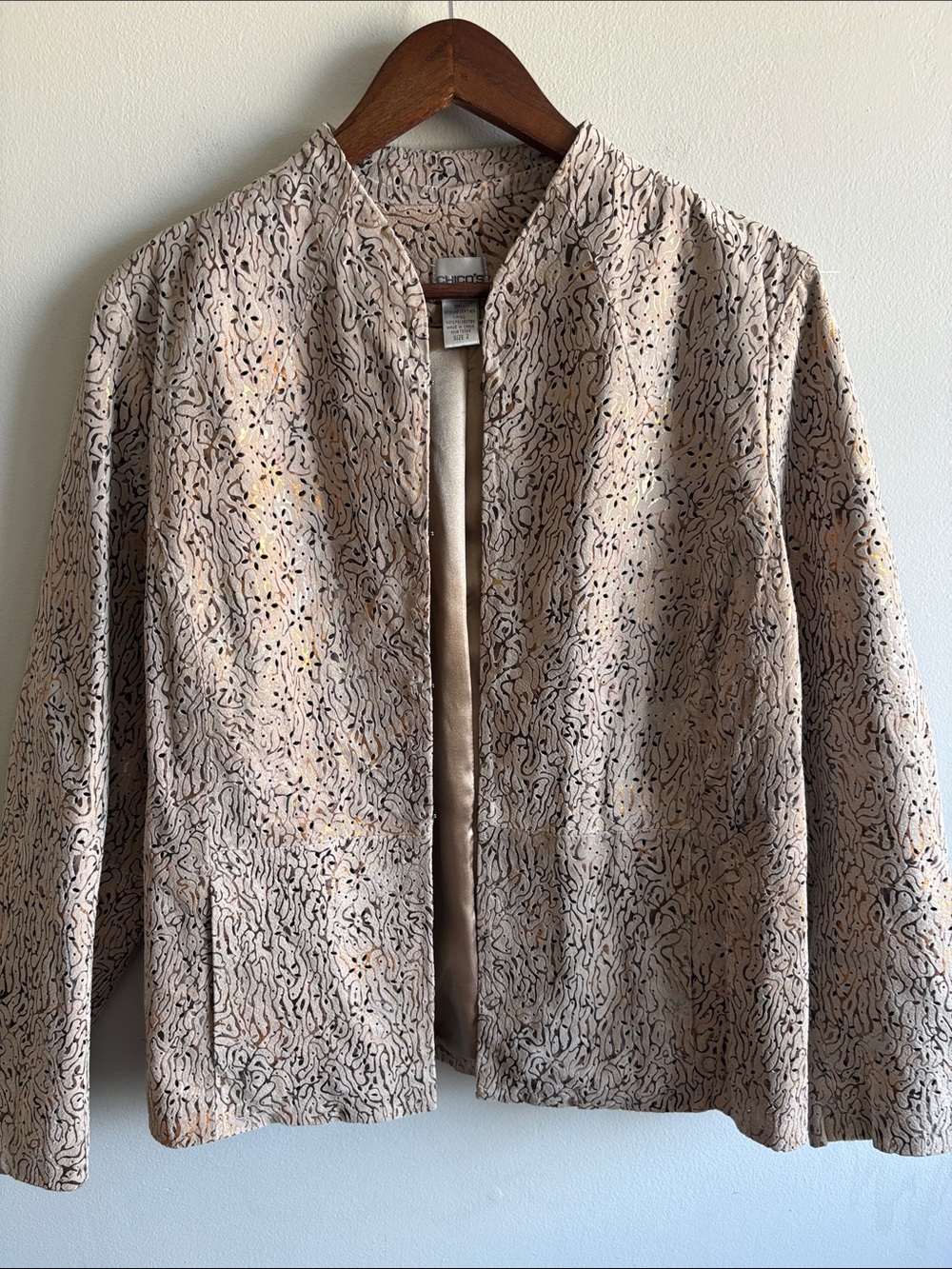 Chico’s Genuine Leather Laser Cut Jacket Metallic Gold Taupe Size 2/Large